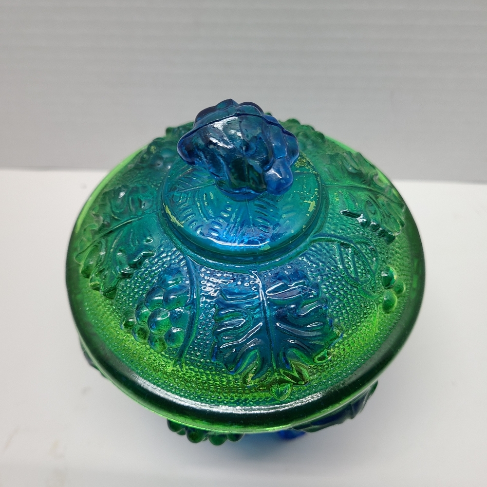 Vintage Jeanette blue/green footed grape leaf glass candy dish w/ lid Capote - Picture 2 of 16